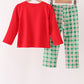 Red Holly Jolly Embroidery Plaid Pants Set