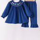 Blue Nativity corduroy Embroidery Ruffle Pants Set
