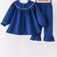 Blue Nativity corduroy Embroidery Ruffle Pants Set