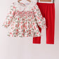 Red Holly Bow Smocked Lace Ruffle Pants Set
