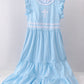 Blue cross embroidery ruffle tiered dress