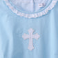 Blue cross embroidery ruffle tiered dress