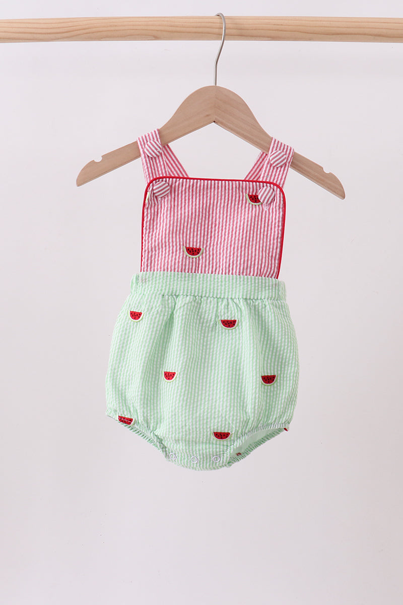 Red stripe watermelon embroidery seersucker bubble