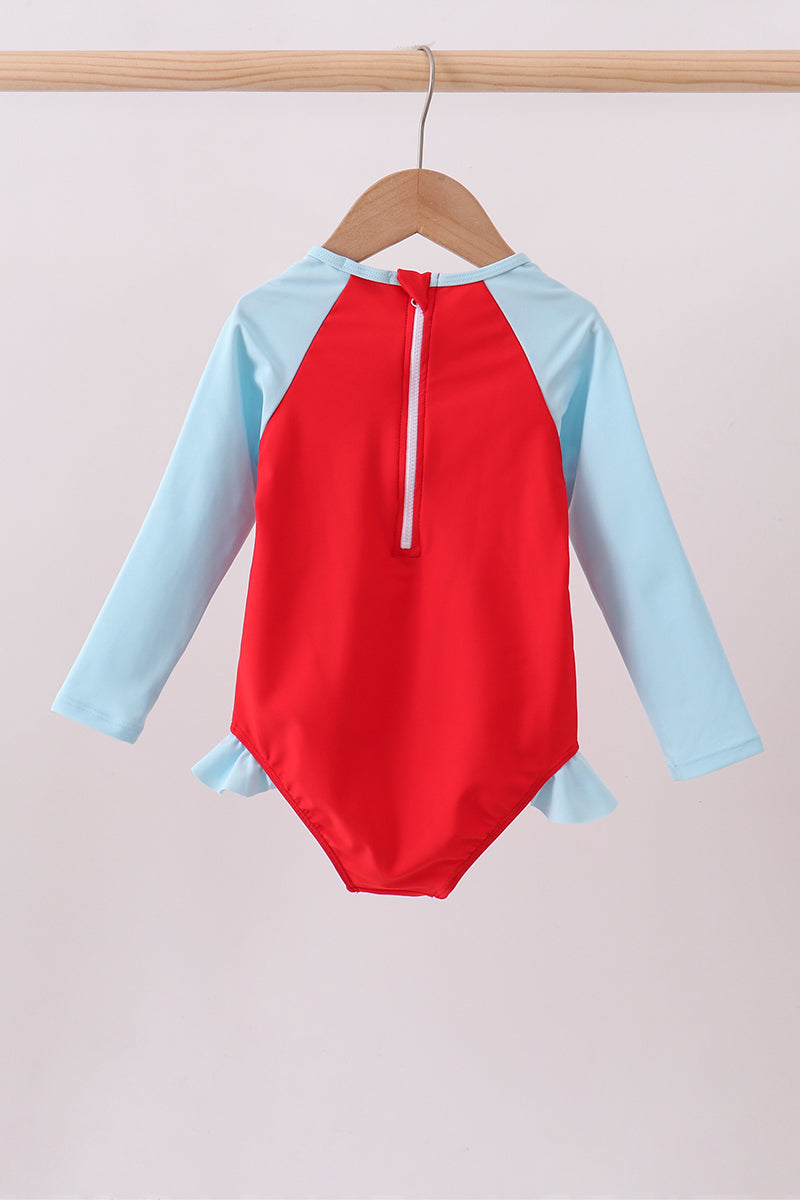 Red star embroidery ruffle rashguard
