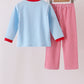 Blue santa claus embroidery gingham pants set