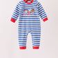 Blue stripe train gingerbread embroidery romper