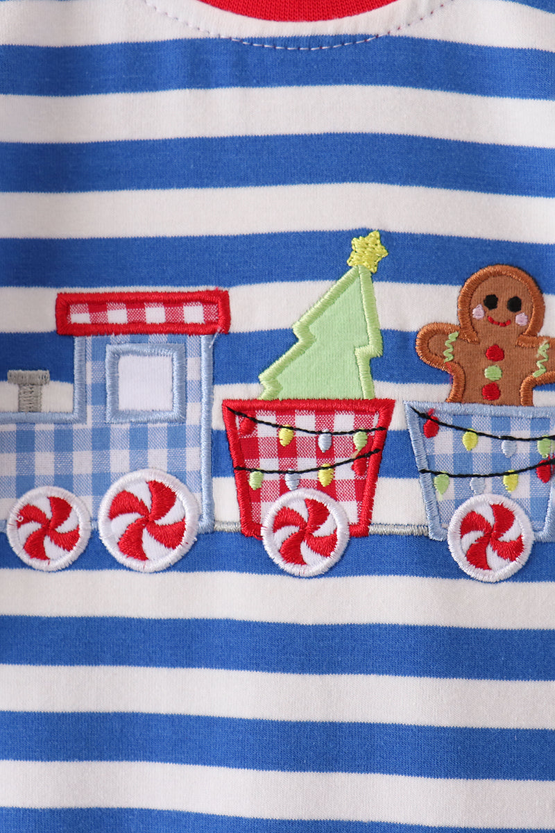 Blue stripe train gingerbread embroidery romper