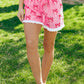 Pink Bow Print Striped Patchwork Elastic Waist Lace Trim Loose Shorts