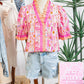 Pink Poppy Flower Striped Print Color Block Trim V Neck Short Sleeve Blouse