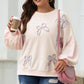 Parchment Embroidered Bow Lantern Sleeve Oversized Pullover Sweatshirt