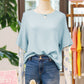 Beau Blue Floral Lace Sleeve Patchwork Waffle Fake Two-piece Top