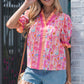 Pink Poppy Flower Striped Print Color Block Trim V Neck Short Sleeve Blouse