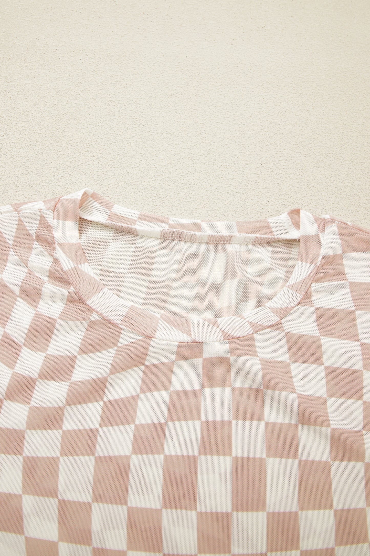 Khaki Checkered Print Mock Neck Mesh T Shirt