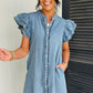 Myosotis Frilled Detail Button Down Ruffle Short Sleeve Denim Mini Dress