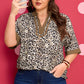 Brown Plus Size Leopard Print Crinkled Colorblock Patchwork V Neck Blouse