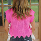 Bonbon Pointelle Knit Patterned Scalloped Trim Short Sleeve Sweater
