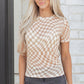 Khaki Checkered Print Mock Neck Mesh T Shirt