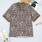 Brown Plus Size Leopard Print Crinkled Colorblock Patchwork V Neck Blouse