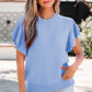 Beau Blue Solid Color Ribbed Trim Round Neck Ruffle Short Sleeve Sweater