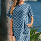 Sky Blue Frayed Hem Checkered Denim Mini Dress