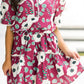 Red Floral Print Trimmed Short Puff Sleeve Mini Dress with Belt