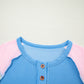 Blue Twisted Ribbed Color Block Patchwork Henley Short Sleeve T Shirt