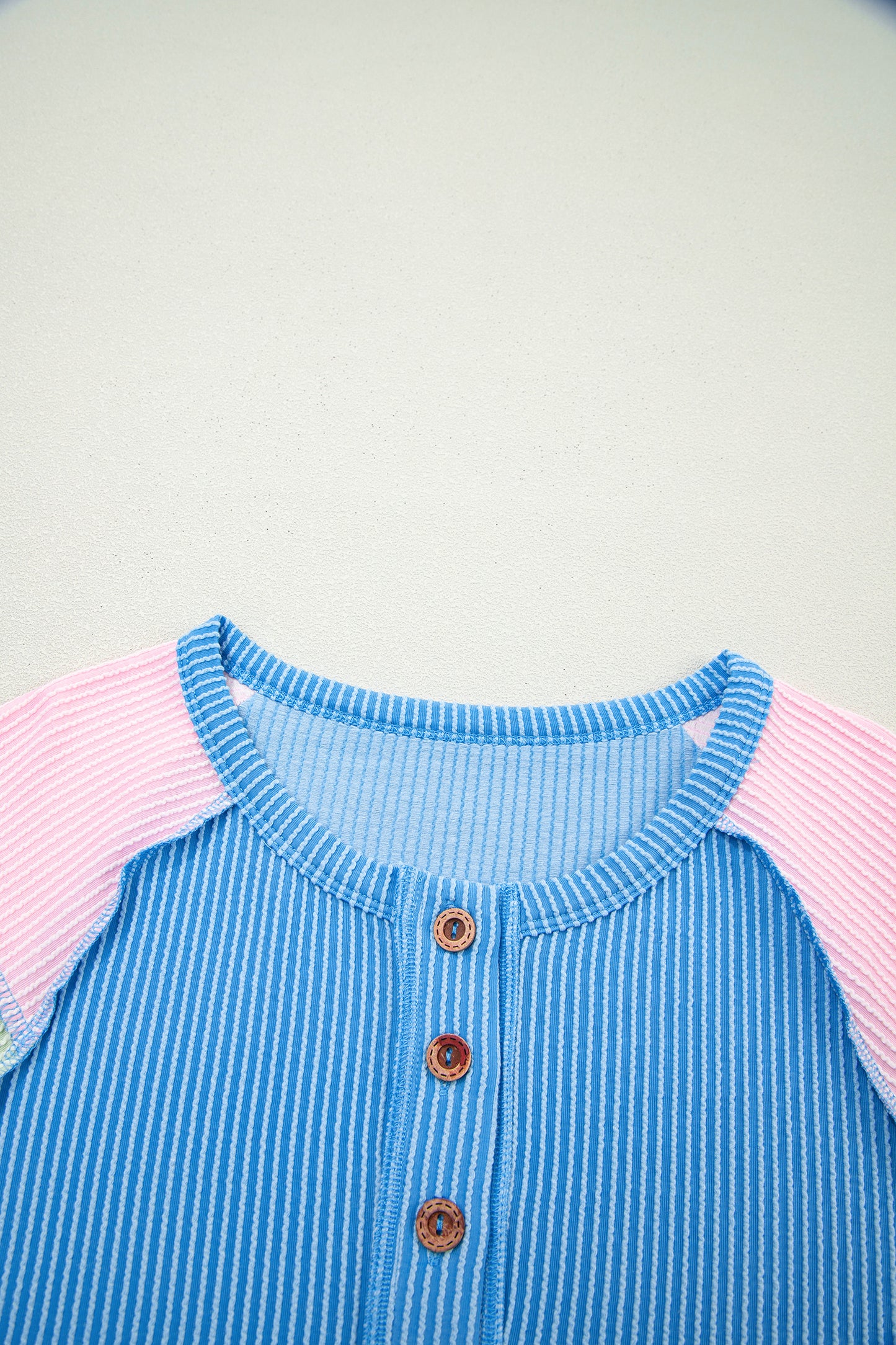 Blue Twisted Ribbed Color Block Patchwork Henley Short Sleeve T Shirt