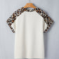 Beige Leopard Patchwork Half Button Short Sleeve Top