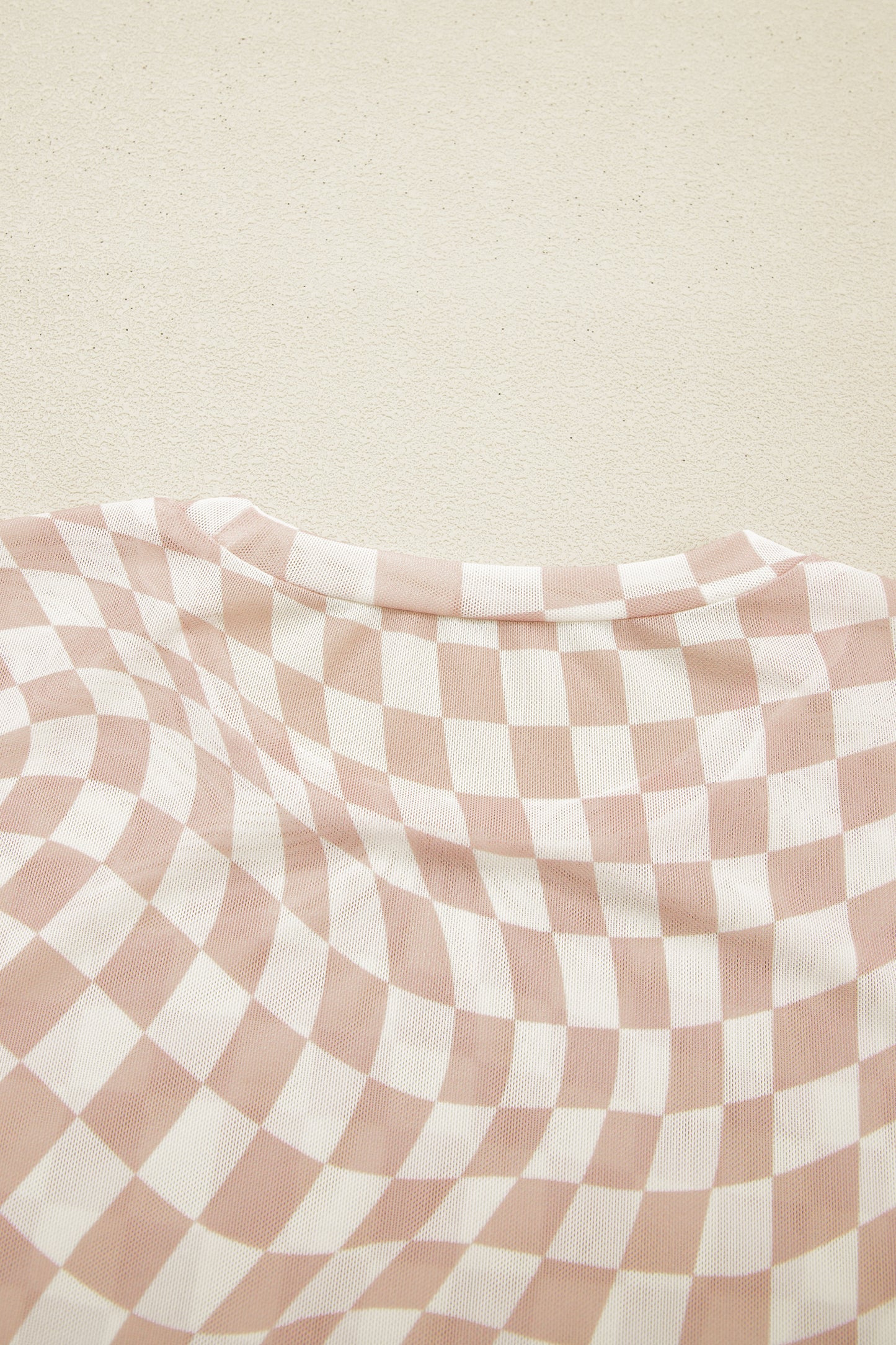 Khaki Checkered Print Mock Neck Mesh T Shirt