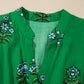 Green Floral Print Split Neck Shirred High Waist Ruffle Hem Maxi Dress