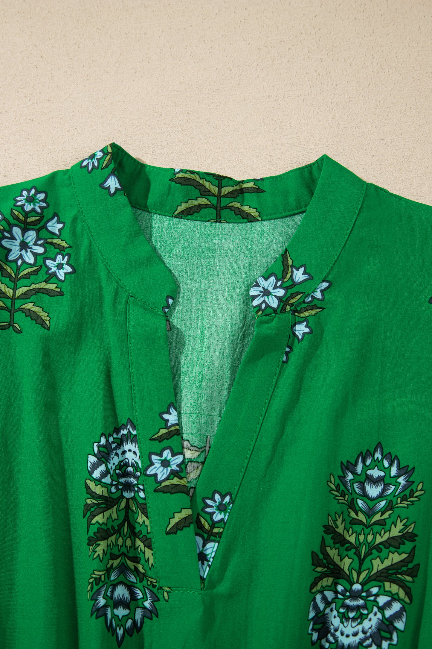 Green Floral Print Split Neck Shirred High Waist Ruffle Hem Maxi Dress