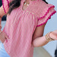 Rose Stripe Shirred Yoke Ruffled Short Sleeve Blouse
