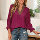 Violet Leopard Trim V Neck Flounced Bracelet Sleeve Blouse