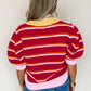 Red Stripe Colorblock Trim Half Sleeve Sweater Top