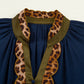 Navy Blue Button Detail Leopard Metallic Trim Short Sleeve Tunic Dress