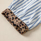 Sky Blue Stripe Leopard Trim V Neck Button Down Half Sleeve Shirt