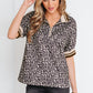 Khaki Leopard Print Half Zip Striped Trim Patchwork Short Sleeve Top