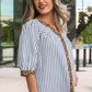 Sky Blue Stripe Leopard Trim V Neck Button Down Half Sleeve Shirt