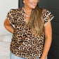 Khaki Plus Size Leopard Print Stitch Detail Ruffled Short Sleeve Blouse