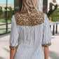 Sky Blue Stripe Leopard Trim V Neck Button Down Half Sleeve Shirt