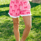 Pink Bow Print Striped Patchwork Elastic Waist Lace Trim Loose Shorts