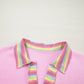 Pink Rainbow Stripe Ribbed Patchwork Raw Seam Oversize Polo Tee