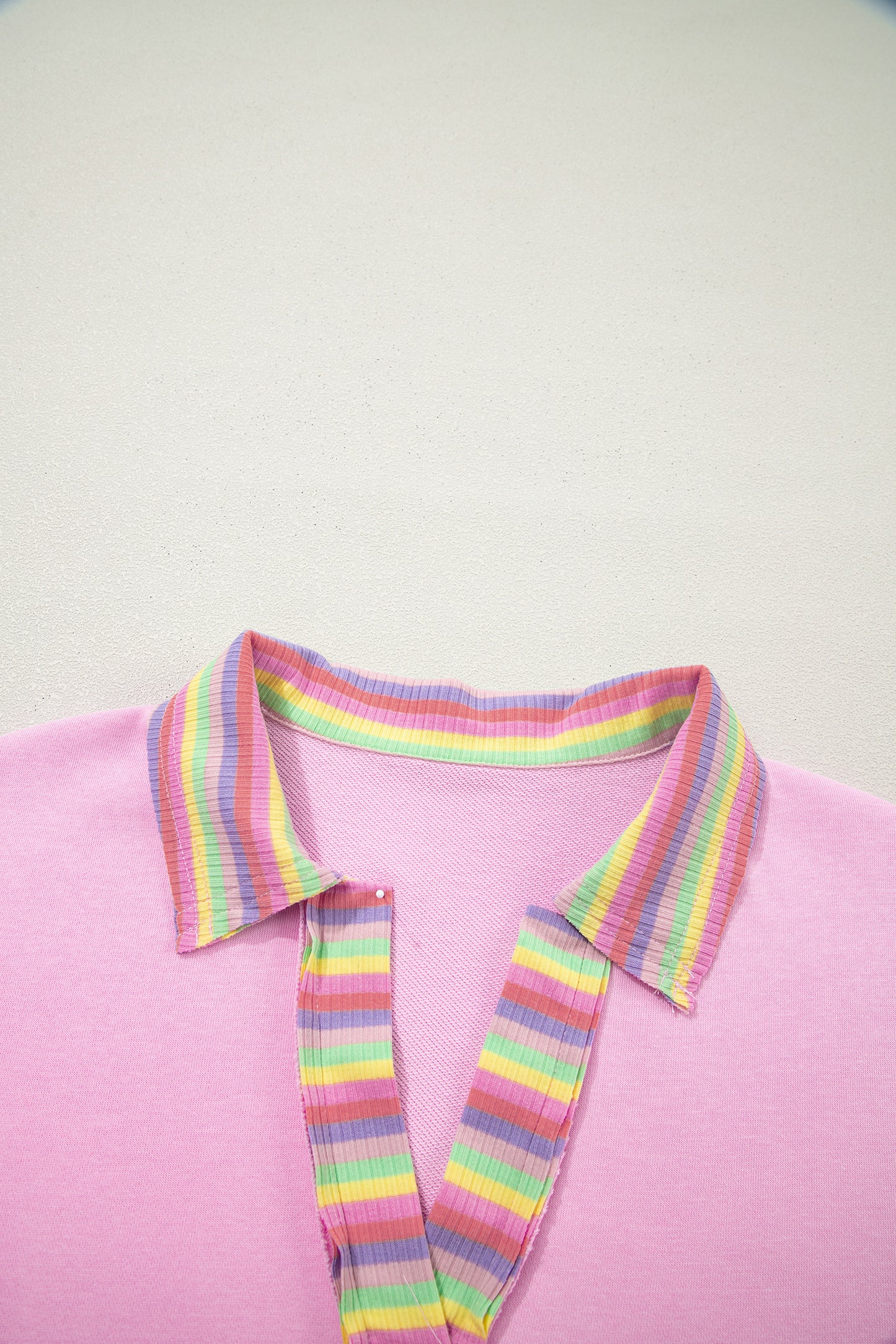 Pink Rainbow Stripe Ribbed Patchwork Raw Seam Oversize Polo Tee