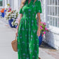 Green Floral Print Split Neck Shirred High Waist Ruffle Hem Maxi Dress