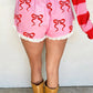 Pink Bow Print Striped Patchwork Elastic Waist Lace Trim Loose Shorts
