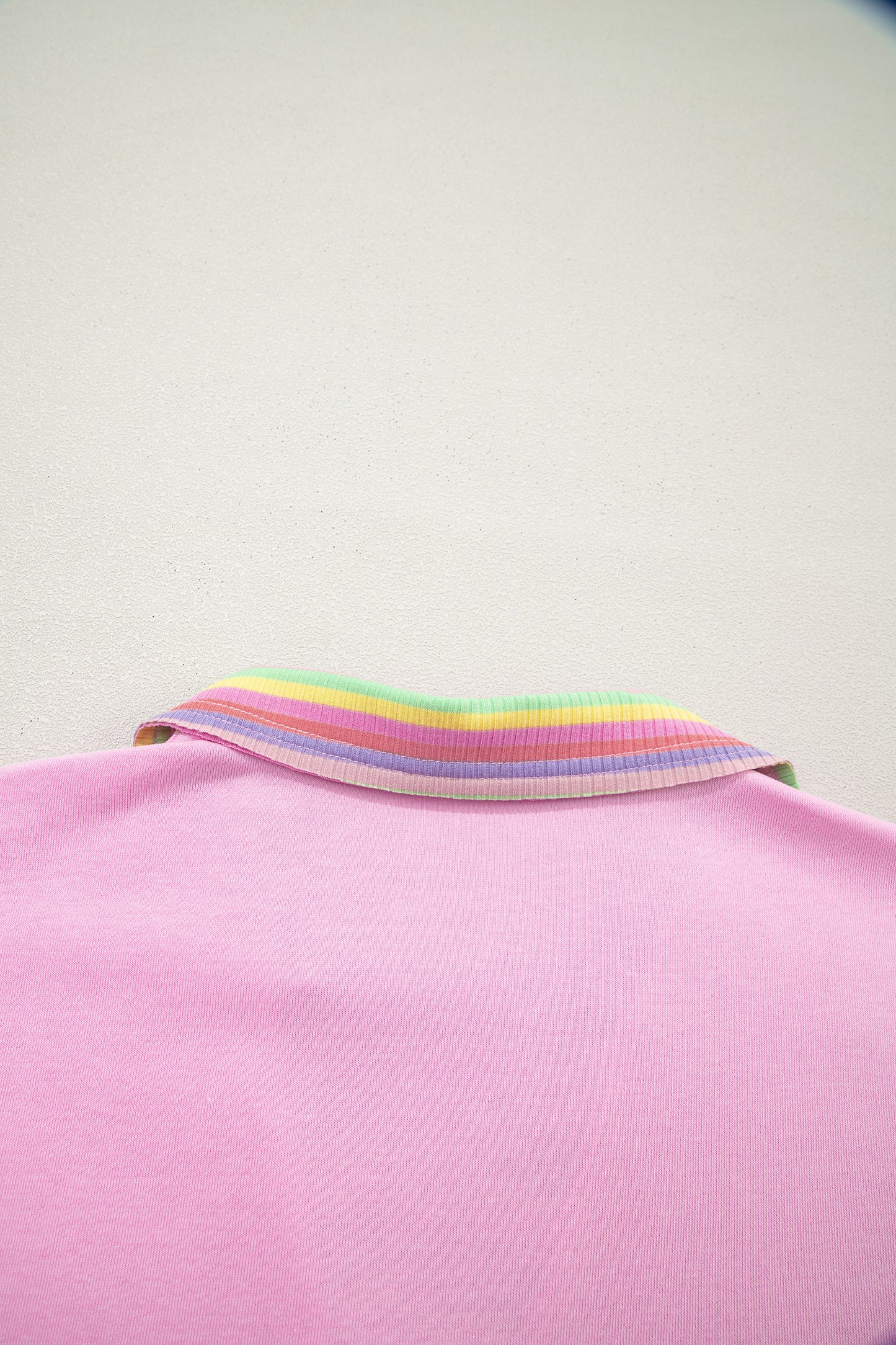 Pink Rainbow Stripe Ribbed Patchwork Raw Seam Oversize Polo Tee