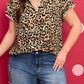 Khaki Plus Size Leopard Print Stitch Detail Ruffled Short Sleeve Blouse