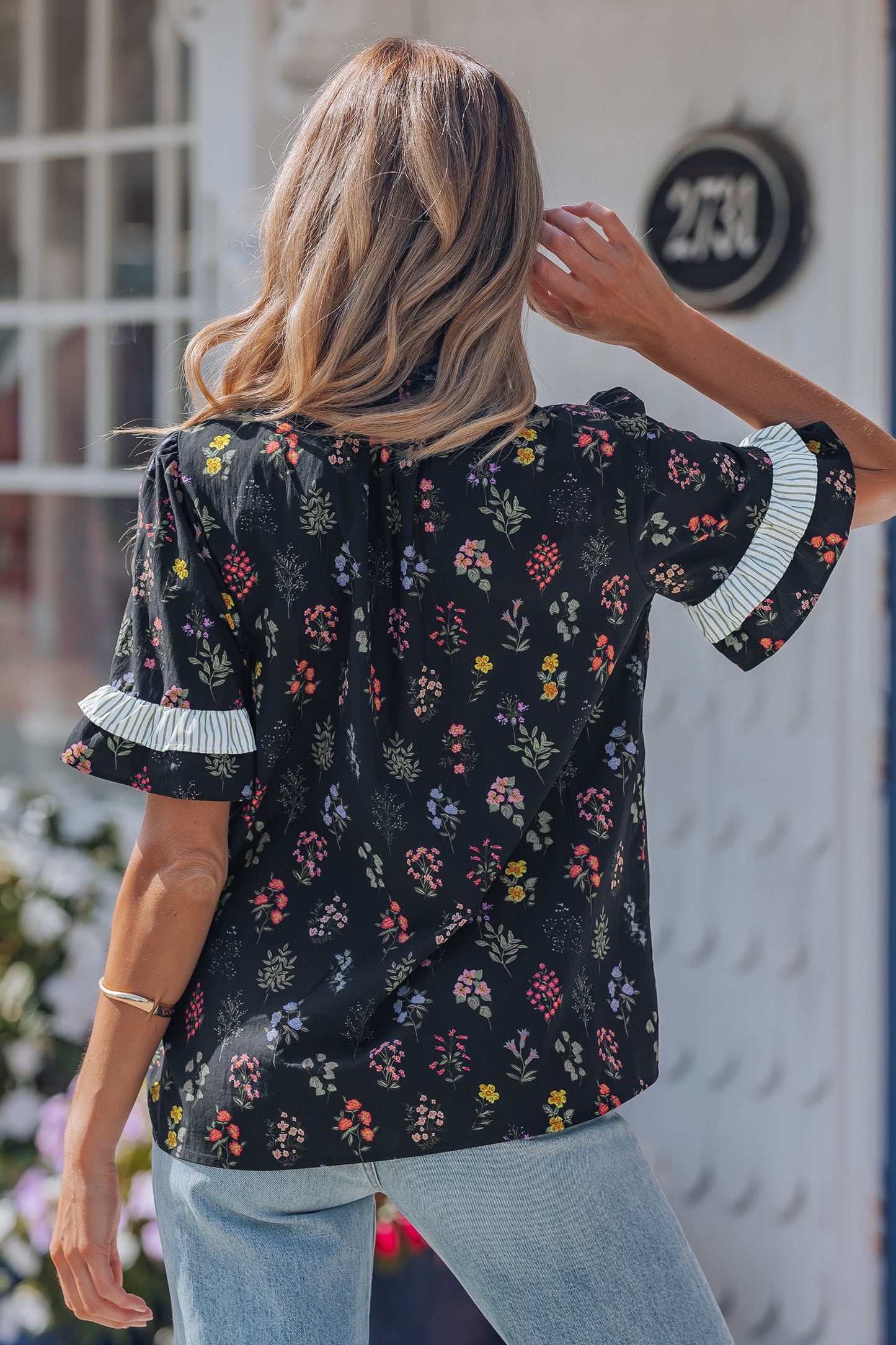 Black Contrast Frilled Trim Short Sleeve Floral Shirt