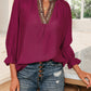 Violet Leopard Trim V Neck Flounced Bracelet Sleeve Blouse