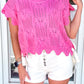 Bonbon Pointelle Knit Patterned Scalloped Trim Short Sleeve Sweater